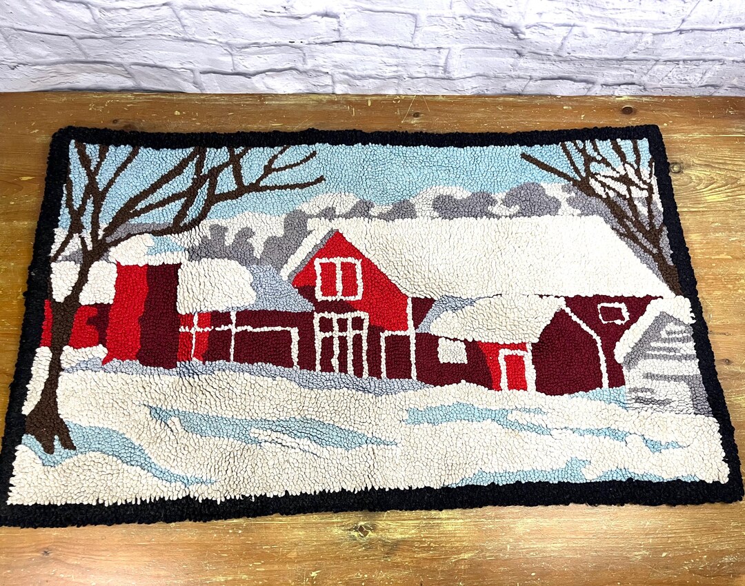 Vintage Red Snow Covered New England Farmhouse Hooked Rug 22 X 36 ...