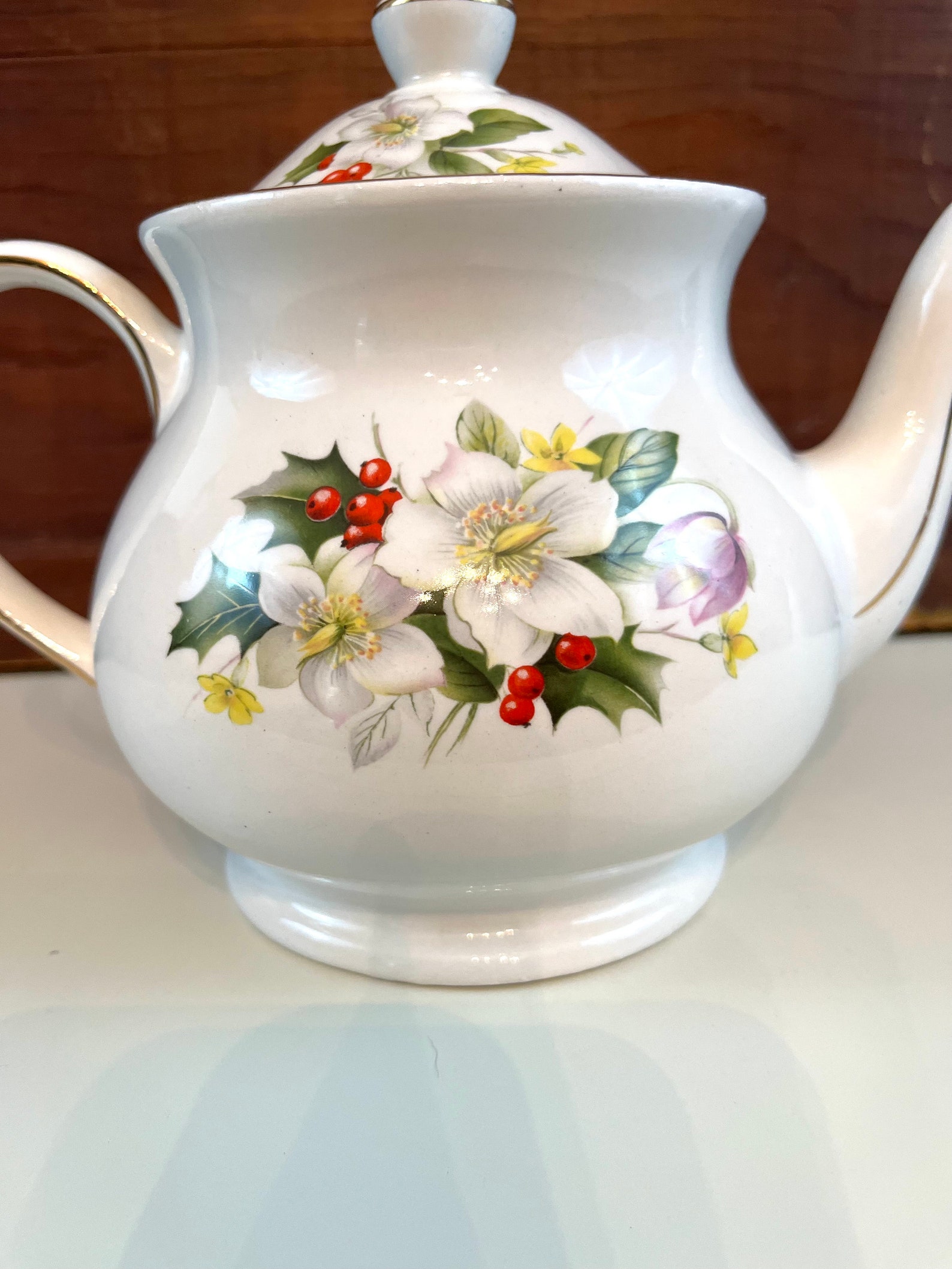 Vintage Christmas Teapot Sadler England Holly and White Flower Etsy