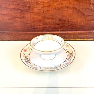 Vintage Nippon hand painted plate with attached bowl pink roses gold trim