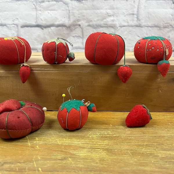 Vintage Red and Green Tomato and Strawberry Pin Cushions Pin needle Sharpener Various Sizes sold individually