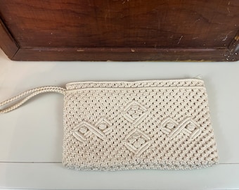 Vintage weiße Makramee Clutch Handtasche Hippie Boho wollweiß Handtasche cremeweiß Handtasche