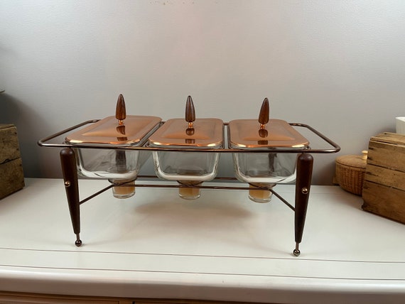 Vintage Pyrex Food Warmer Copper Atomic Handle Lids Three Divided