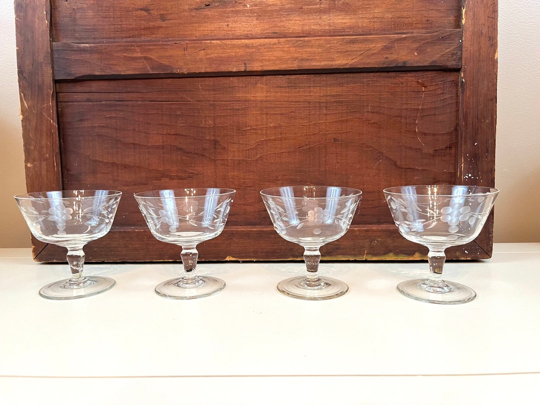 Vintage Etched Cocktail Glasses Dot Floral Design Set of 4 Champagne