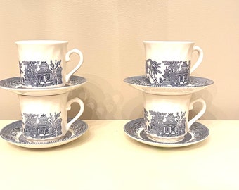 Tazze da tè Blue Willow Set di 4 transferware Churchill blu e bianco