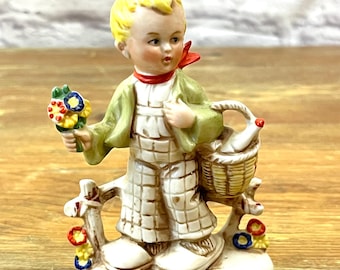 Vintage Ceramic German Boy Figurine Holding Picked Flowers & Groceries