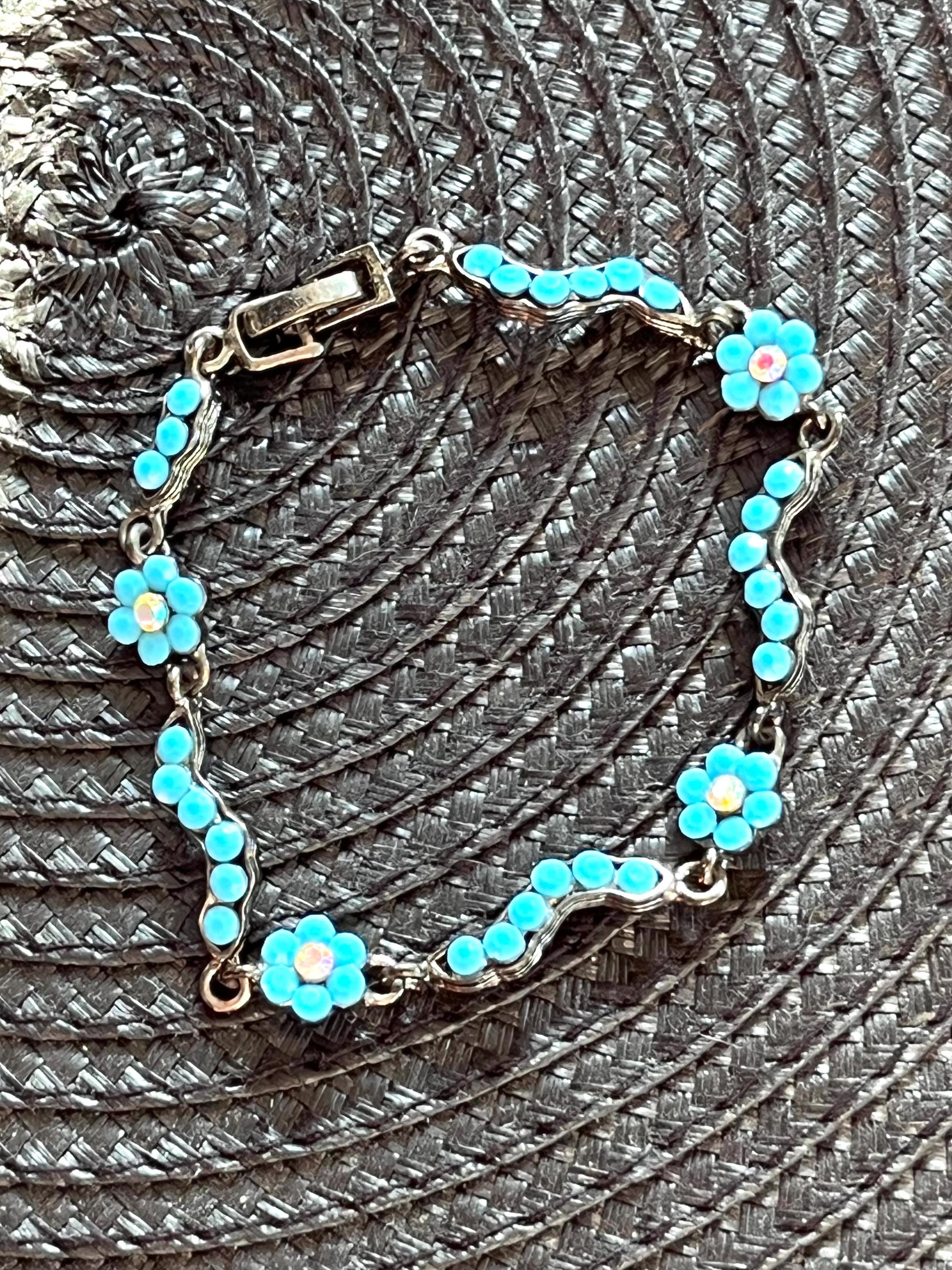 Turquoise Colored Flower Faux Rhinestone SNK Jewelry Bracelet