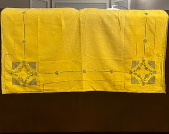 Vintage Mustard yellow embroidered card table cloth, hand embroidered blue geometric patterned table covering