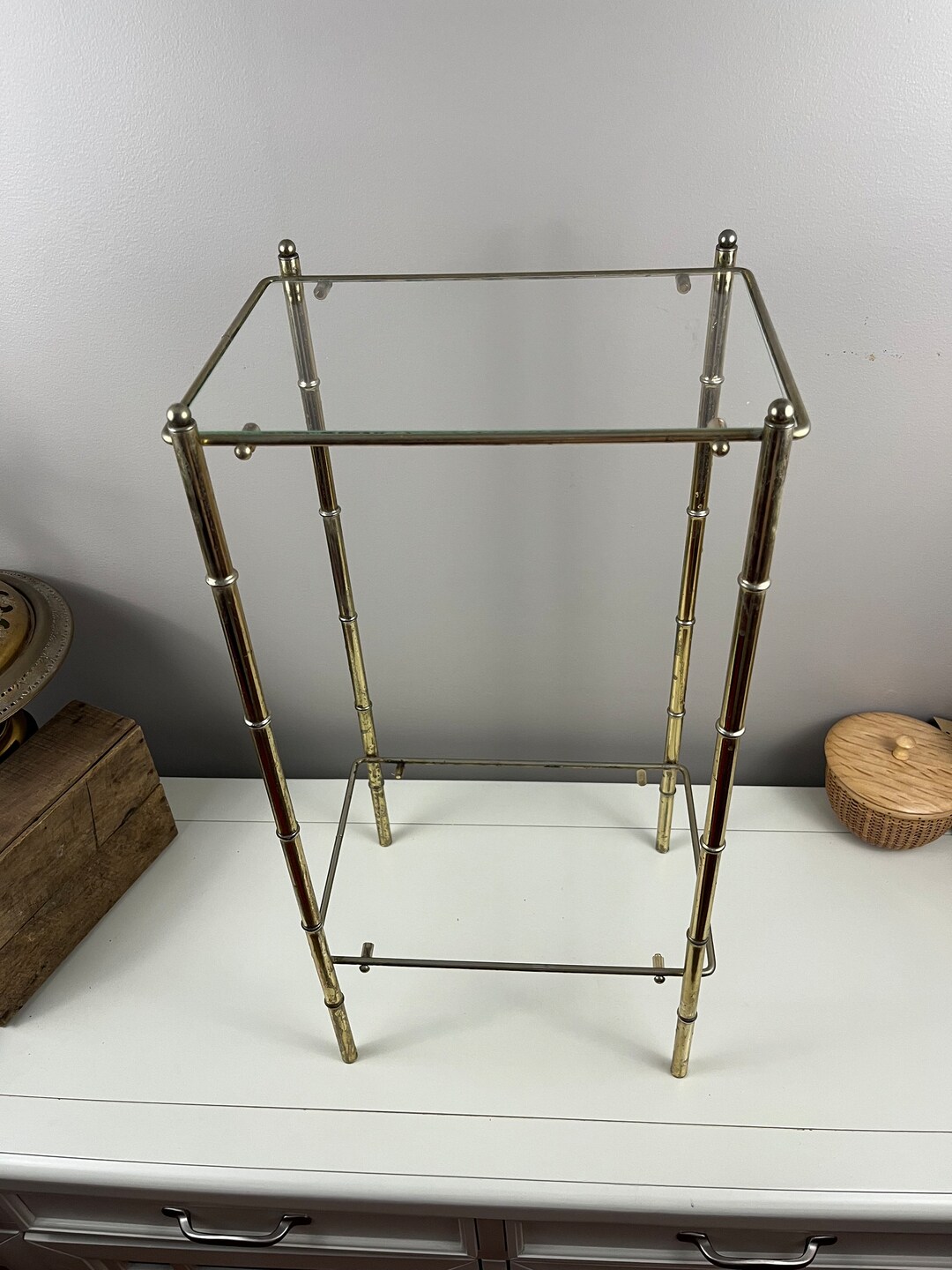 Vintage Gold Tone Metal Plant Stand Glass Top Mid Century Etsy