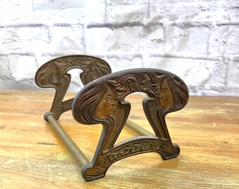 Antique "Twin Maidens" Expandable Sliding Book Rack Art Nouveau Era HL Judd