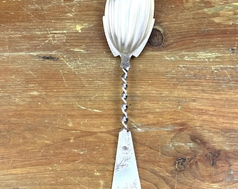 Antique Sterling Aesthetic Movement Serving Spoon Victorian Era Etched Floral Twist Swirl Handle Brite Cut Spoon