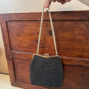 Vintage Black beaded  evening bag gold adjustable chain purse or clutch