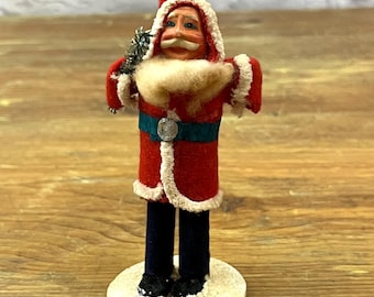 Mid Century Putz Santa Claus Figure Holding Bottle Brush Trees Felt Suit Chenille Trim Coat Mica Flocked Base