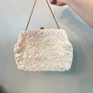 Mid Century Vivant By Sarne Sequin & Beaded White and Gold Evening Bag Wedding Purse Faux Rhinestone Clasp