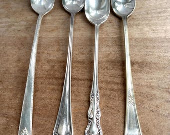 Cucharas de té helado plateadas desiguales vintage, cucharas para helado de mango largo, se venden en juegos de 4