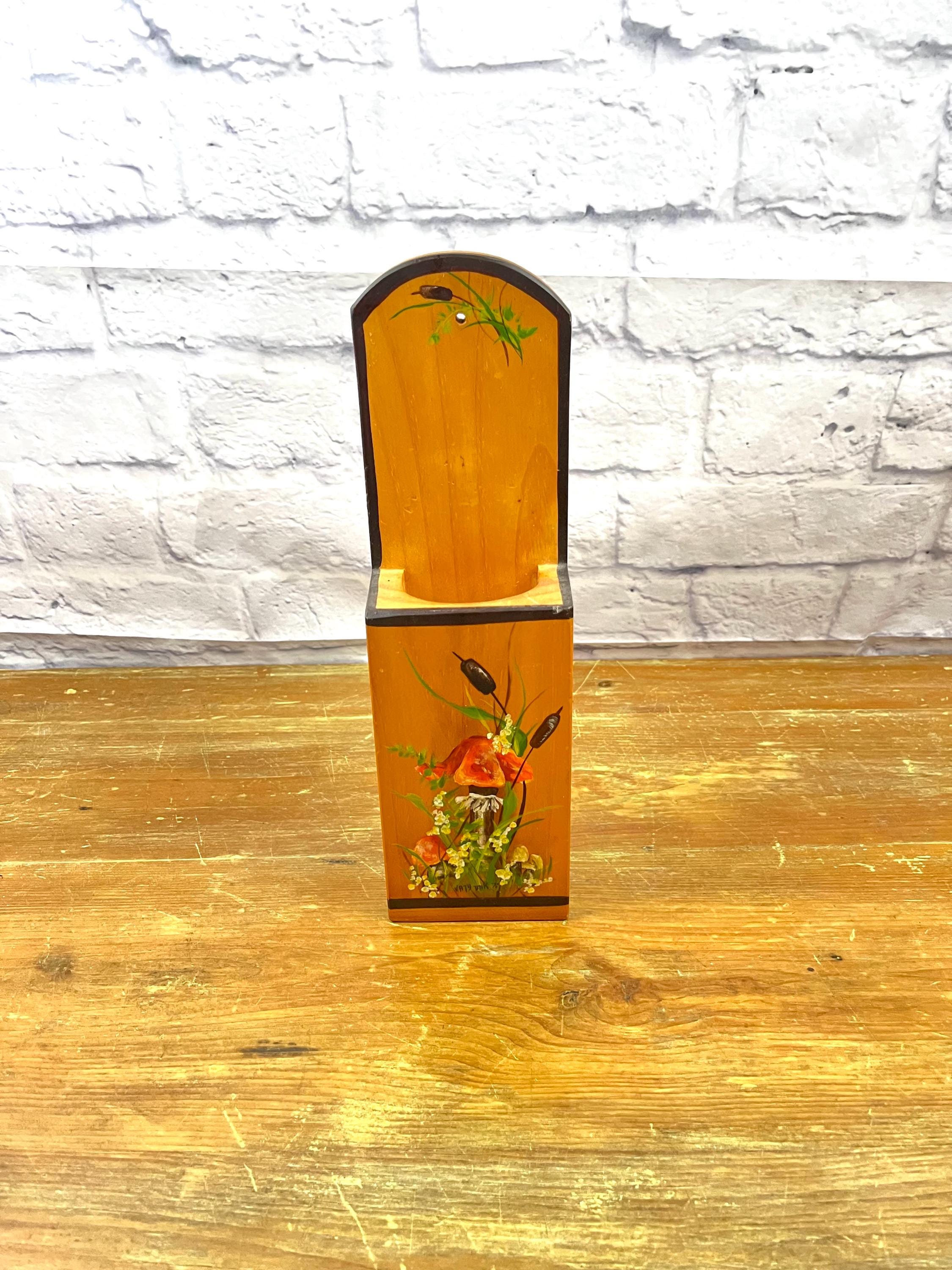 Vintage Long Kitchen Matches Holder Hand Painted 70s Mushroom