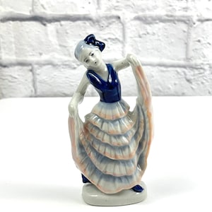 Vintage Ocupado Japón Flamenco Bailarina Azul y Rosa y Blanca Porcelana bailando mujer