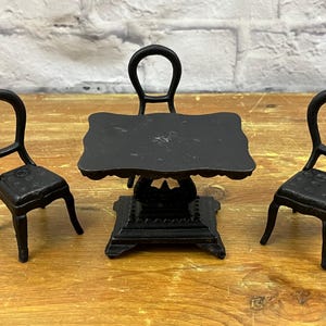 Vintage Dollhouse Cast Iron Table and Three Chairs Most Likely 1:12