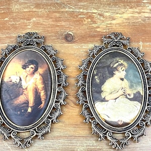 Vintage Ornate Italian Pair of Picture Frames Metal Oval Italian Rococo Hollywood Regency Style Framed Fabric Art No glass