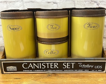 Vintage 70s Kitchen Storage Tins Cheinco Faux Wood & Bright Yellow Craft room storage
