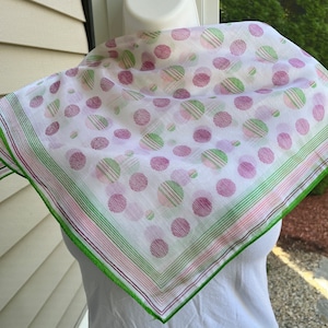 Vintage green pink purple white dotted scarf  22 x 23 1/2” spring look