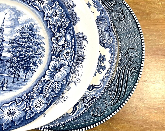 Vintage Mismatched Blue & White Transferware Plate Set Countryside ...