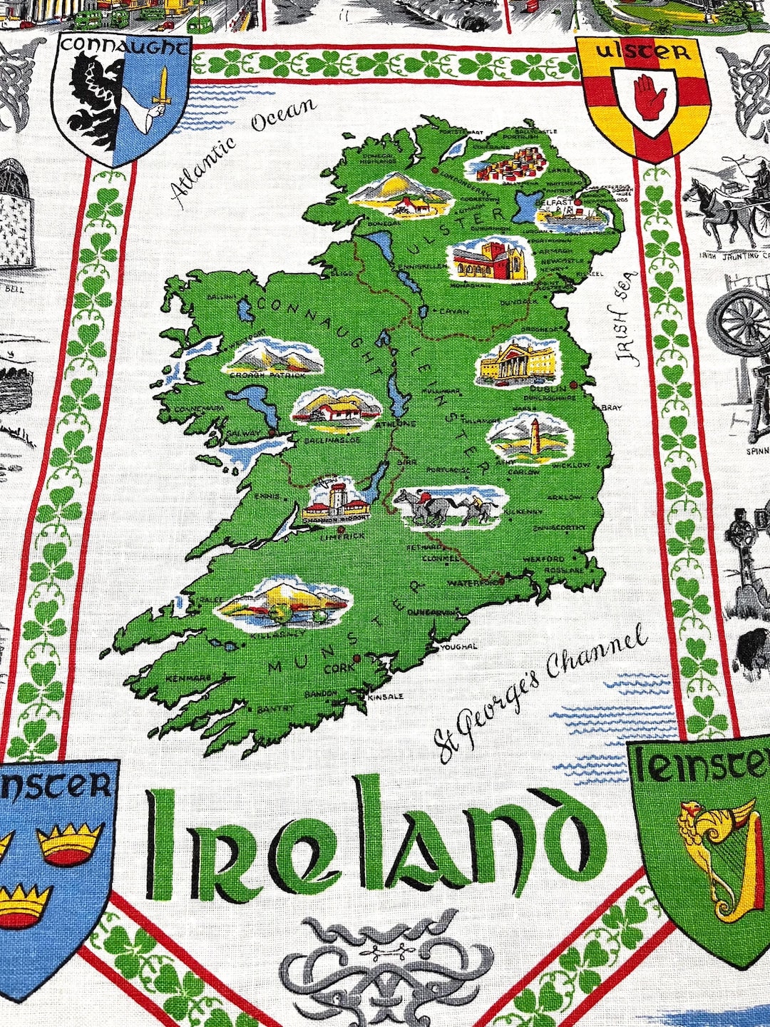 Vintage Irish Tea Towel Map of Ireland Counties and Tourist Attractions ...