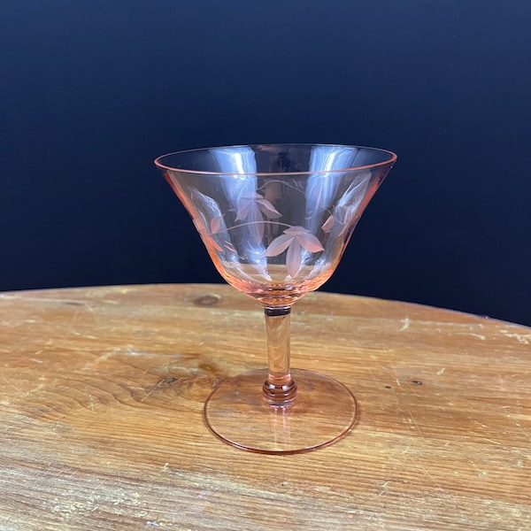 Pink etched flower depression martini glass pink optic champagne glass, multi-facetted pink glass, delicate wine glass shabby chic