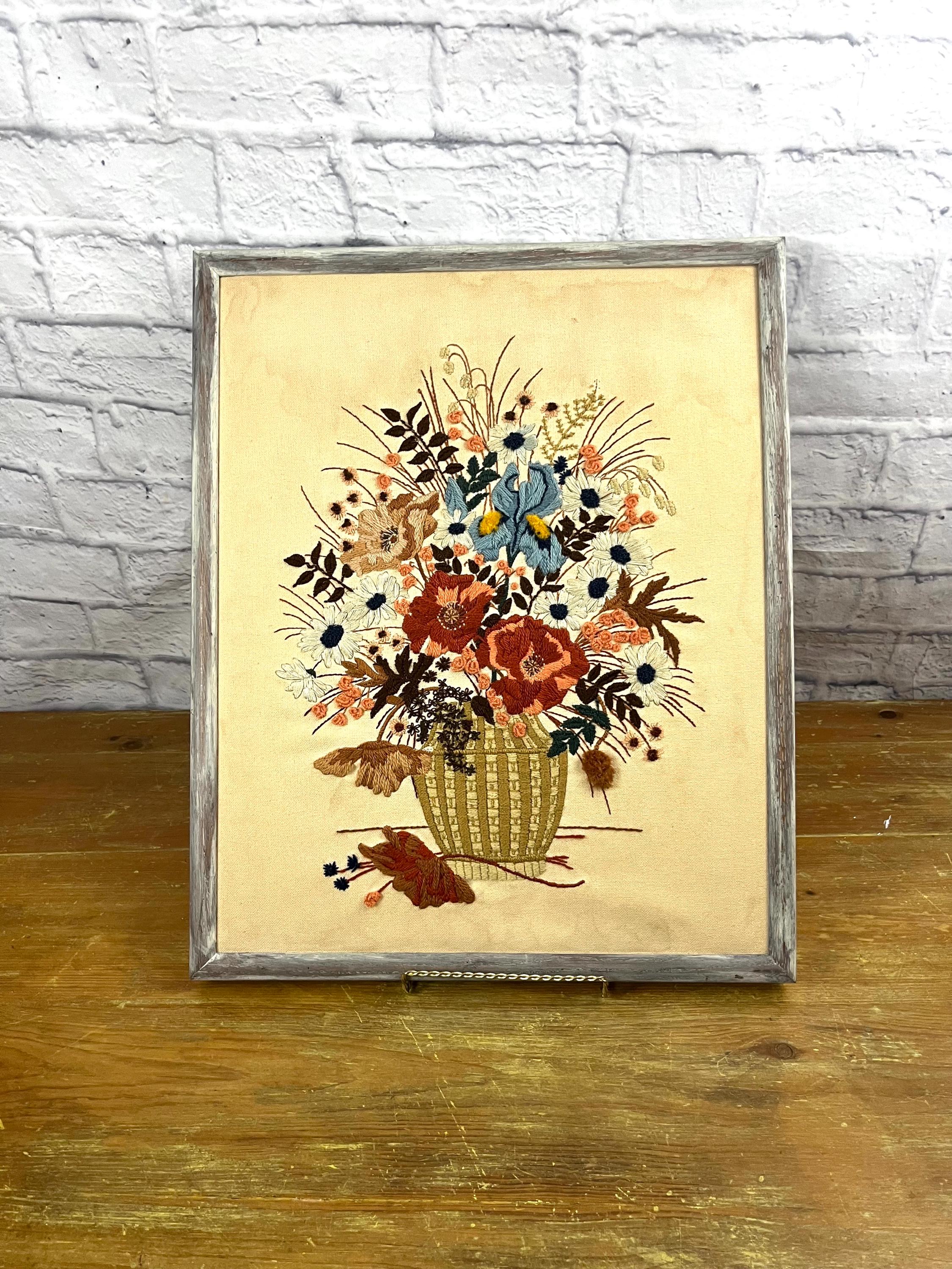 Vintage Crewel Flower Arrangement White Red Blue Brown Flower accent fun wall decor upcycled accent pillow design Boho Garden She shed decor