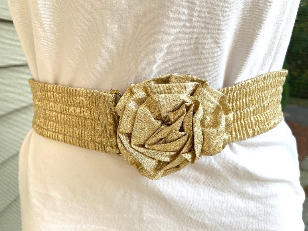 Vintage Gold Stretchy 80s Belt Fabric Clasp Belt Flower  display picture 2