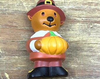 Vintage Bear Holding Pumpkin Holiday Pin Thanksgiving Day Brooch