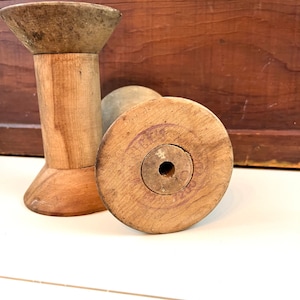 Vintage Wood Spool set of 2 &quot;something RICK&#39;S 1200 YDS&quot; Candlestick Pair, Pillar Candle Display Farmhouse Chic Industrial Chic 6&quot; tall