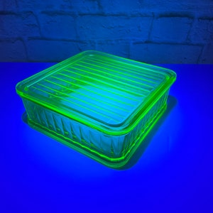 Vintage Uranium Glass Square Refrigerator Dish Anchor Hocking Depression Glass Collectible Kitchen Storage