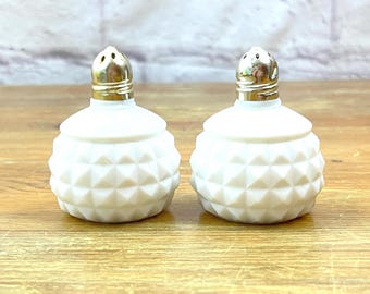 Vintage Milk Glass Diamond Cut Salt & Pepper Shaker Set Made in Japan