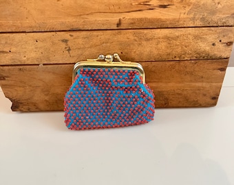 Vintage Blue and Red Beaded Coin purse cute gift keepsake storage
