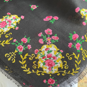 Spanish Style Black Scarf Pink Roses Gold Leaves Fringe Edging 20 x 20 Head scarf, neck scarf all black outfit accent piece
