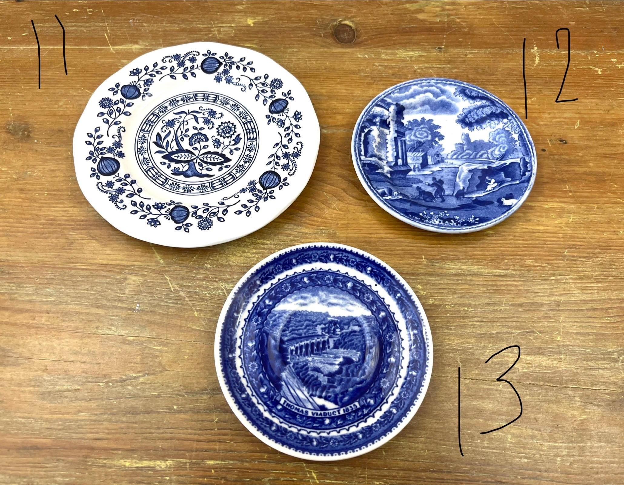 Vintage Antique Blue White Transferware Plates Decorative Wall