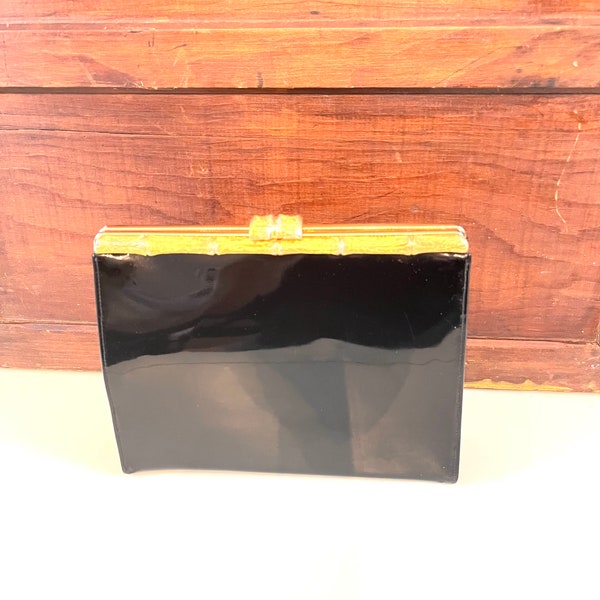 Vintage 1960s After Five Brand Black Patten Leather Clutch Hand Loop on side attached coin purse gold clasp evening bag