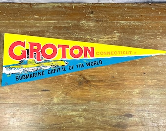 Banderín submarino vintage de los años 70 "Groton Connecticut", Capitolio Mundial, decoración de pared, decoración de bar de playa, regalo para marinos.
