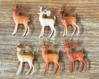 Mid Century Miniature Plastic Deer Figurines Set of 6 Christmas Winter Scene Dioramas