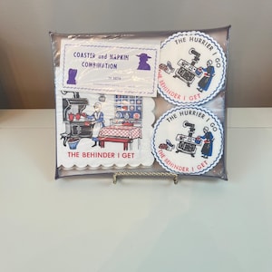 Vintage Pennsylvania Dutch Paper Napkins and Coasters, &quot;The Hurrier I go the Behinder I get&quot;