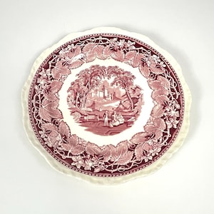 Vintage Pink & White Transferware Plate Mason&#39;s &quot;Vista&quot; Pattern Red English Ironstone