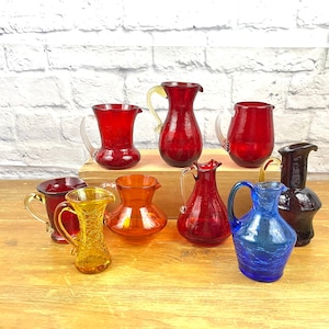 Vintage Hand Blown Crackle Glass pitchers Collectible Art Glass Mini Pitchers Creamers Mini vases Bohemian Wedding Decor Sold Individually