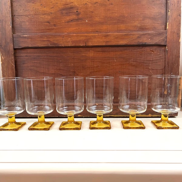 Vintage Nordic Topaz Water Goblets Golden Yellow square base Federal Glass barware set of 6 wine glasses Danish Modern Scandinavian