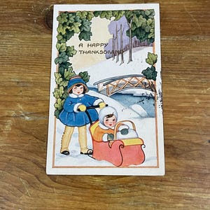 Carte postale ancienne de Thanksgiving, carte d'occasion adorables enfants hiver, repas de Thanksgiving, décoration de table, cadre mural, projet recyclé