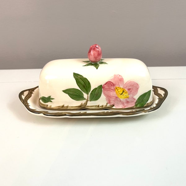 Vintage Franciscan Desert Rose Covered Butter Dish 1/4 Lb Finial Top Pink Roses Made in California USA