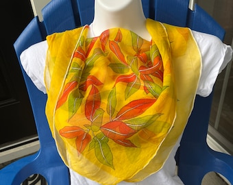 Vintage 70s sheer mustard yellow leafy orange scarf lovely head scarf or neck scarf