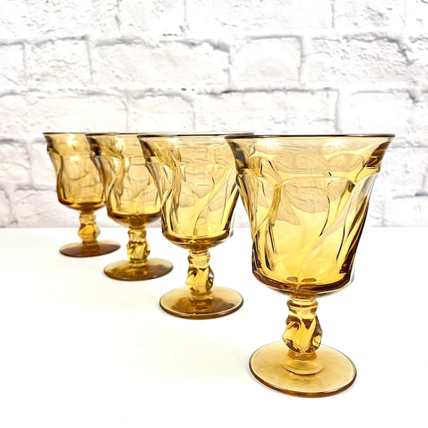 Vintage Jamestown Amber Swirl Water Goblets Fostoria Wine Glasses Set of 4