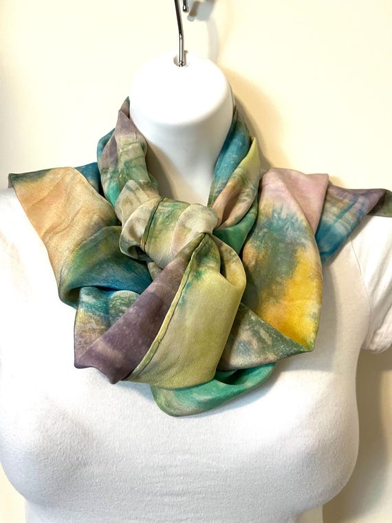 Vintage Silk Printed Tie Dye Scarf Pastel Colors Abstract  display picture 3