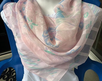 Vintage pink floral striped scarf Made in Italy green & blue pastel flowers perfect for spring!