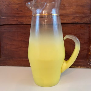 Vintage Yellow Blendo Pitcher Lemonade pitcher yellow  Virginia Glass hombre fade into frost and gold trim mid century pitcher holds 84 ozs!